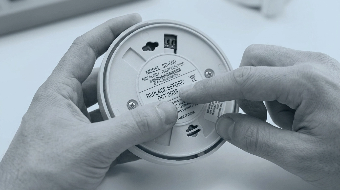 A hand checking the expiration date on a smoke detector in a blue-tinted grayscale style