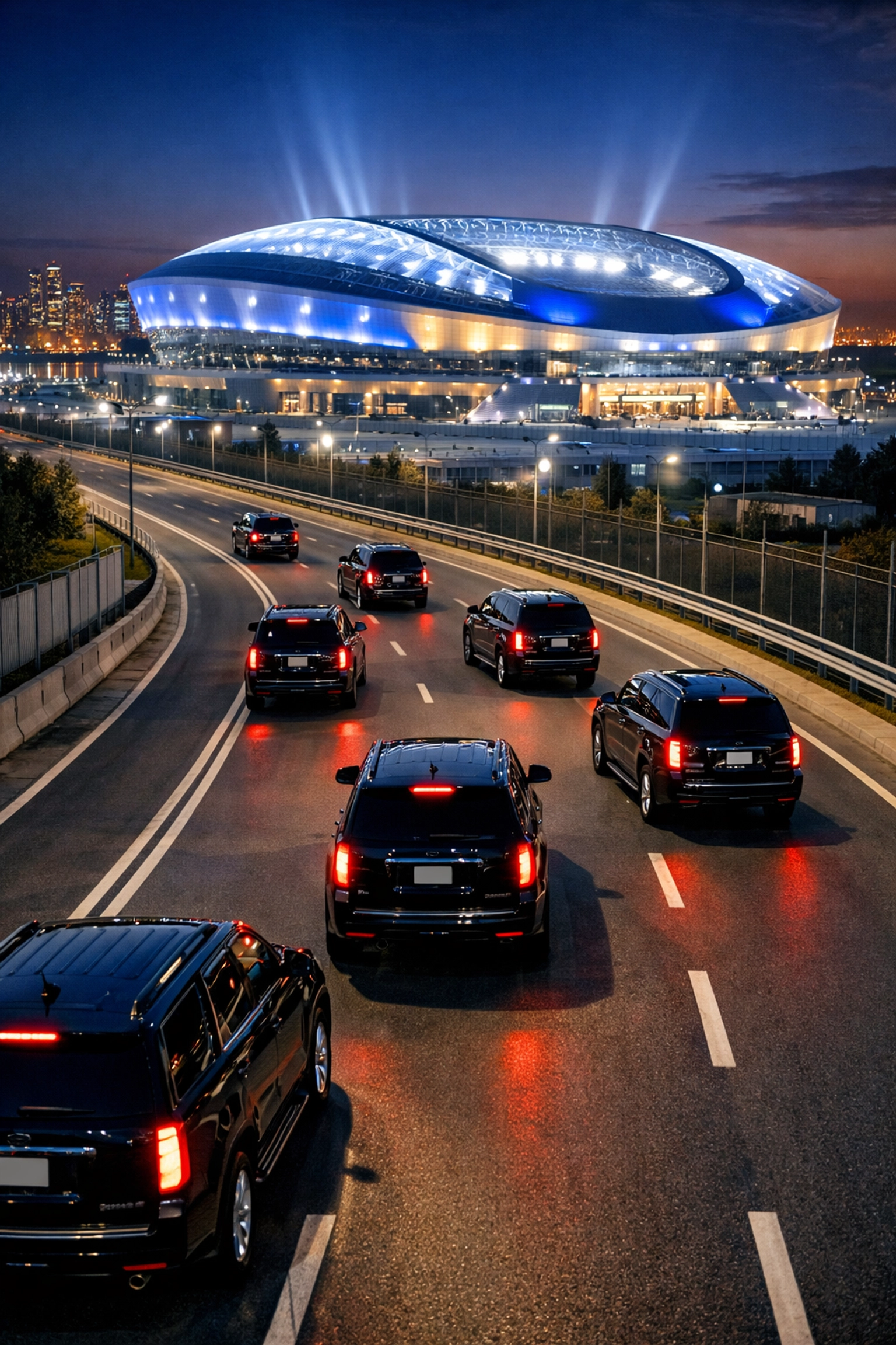 PRESS RELEASE: Super Bowl Corporate Logistics Secrets Revealed: What Travel Experts Don't Want You to Know About Executive Movement Convoy of black luxury SUVs approaching a stadium for secure Super Bowl executive ground transportation.
