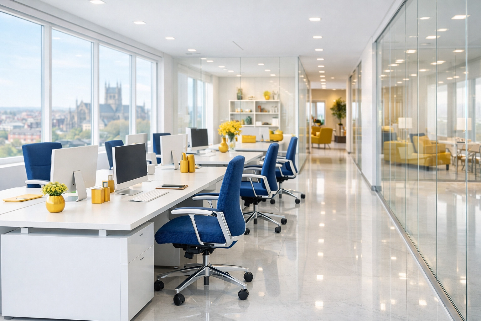 A spotless, sunlit office workspace in Worcester MA showing the results of professional janitorial services.