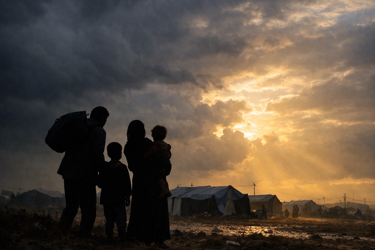 Displaced family silhouette against clearing storm clouds representing hope amid crisis