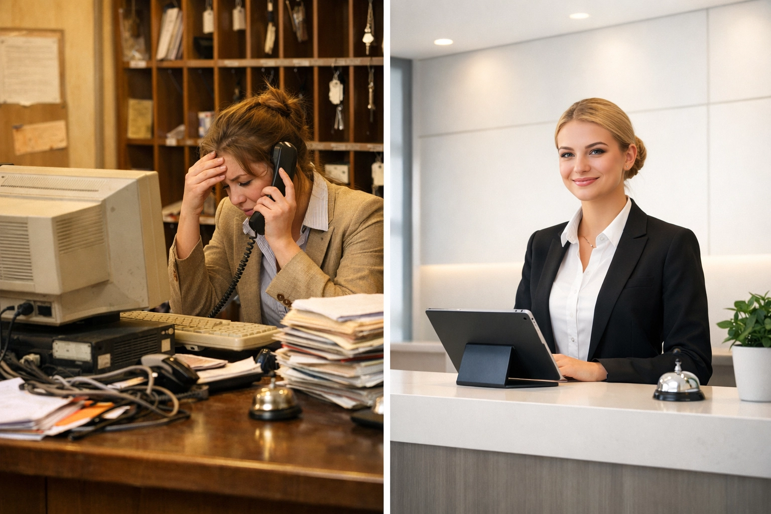 Side-by-side comparison of cluttered legacy hotel system versus clean cloud-native PMS interface