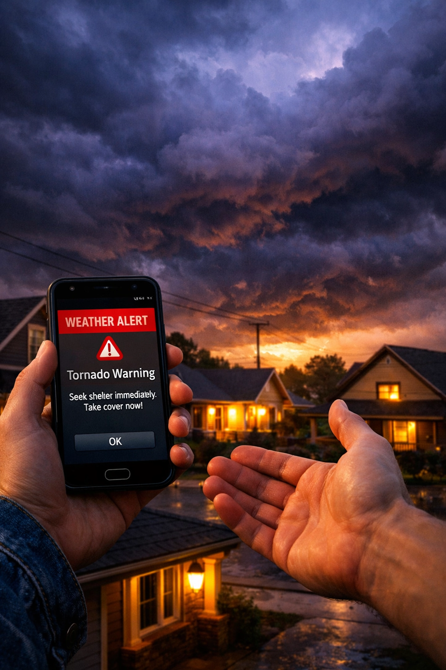 Stormy skies over Southeast neighborhood with neighbors checking weather alerts together