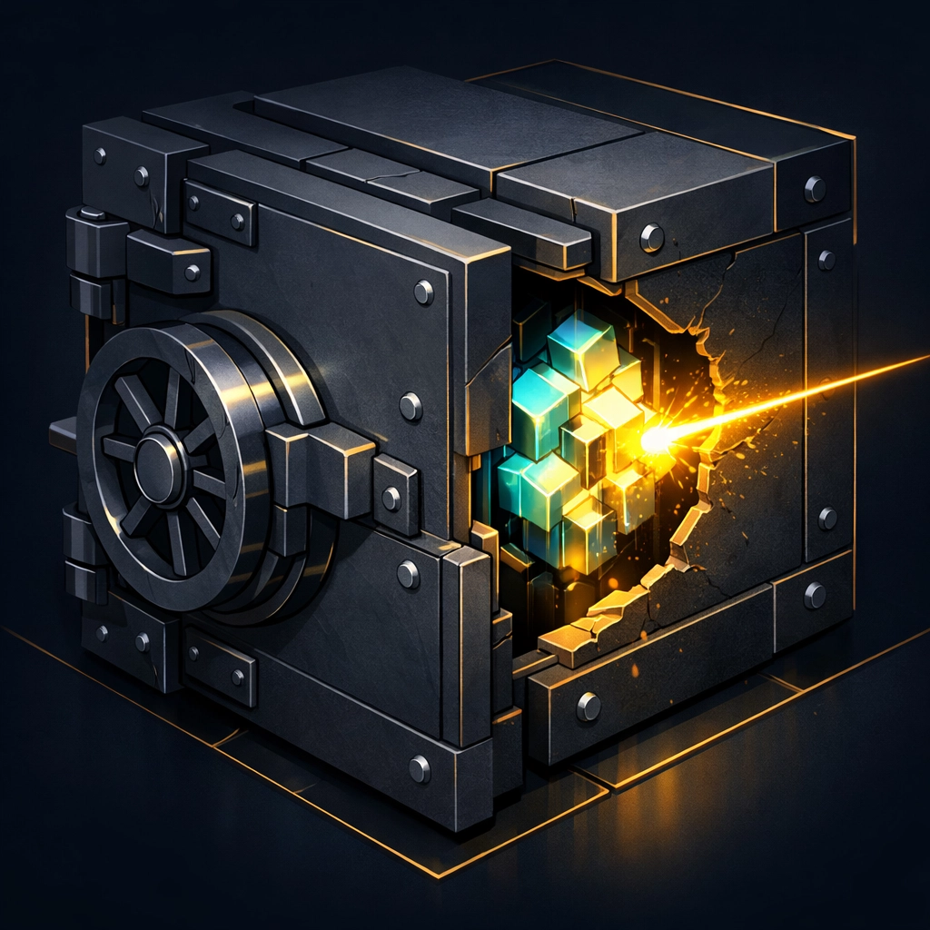 Abstract vault opening to stress test a startup financial model against market risks.