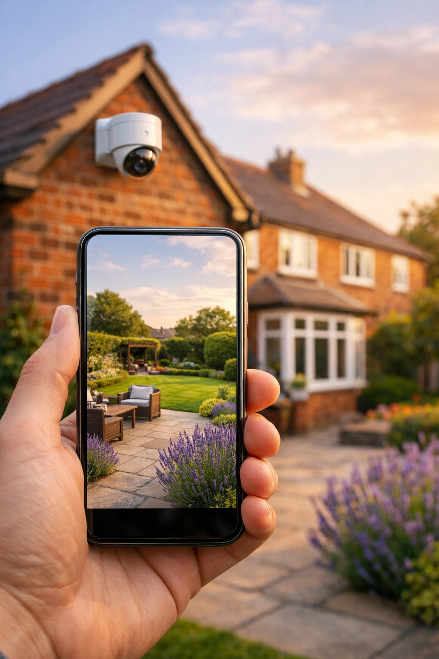 Smartphone app displaying live 4K garden CCTV feed from a residential security system in Banbury.