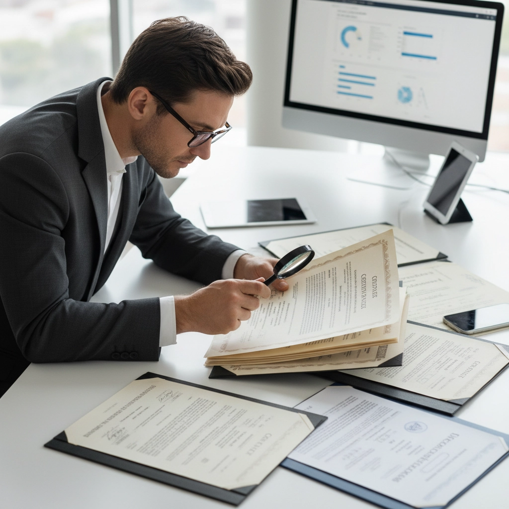 a man looking with a magnifying glass through legal paperwork