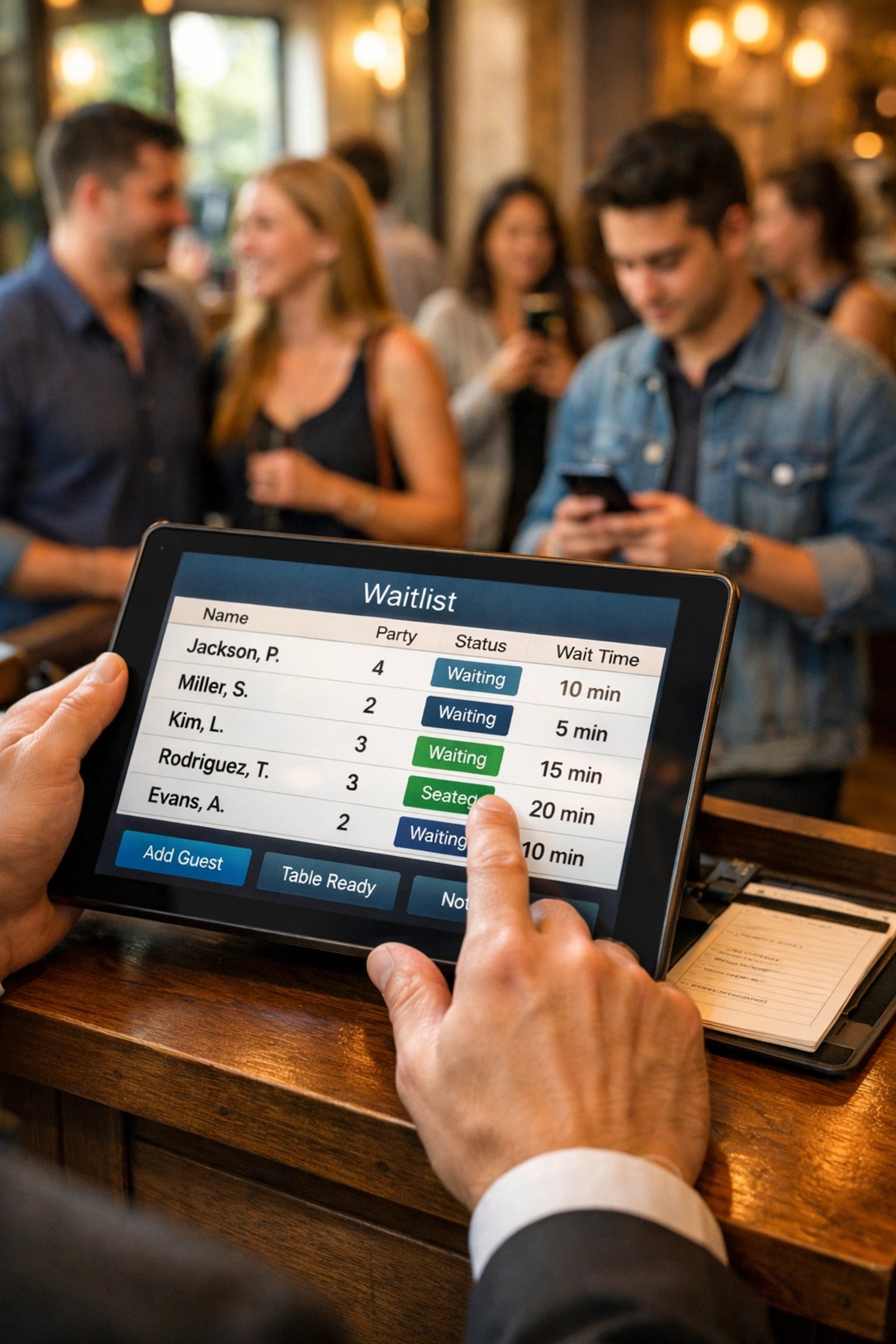 Restaurant host managing digital waitlist on tablet