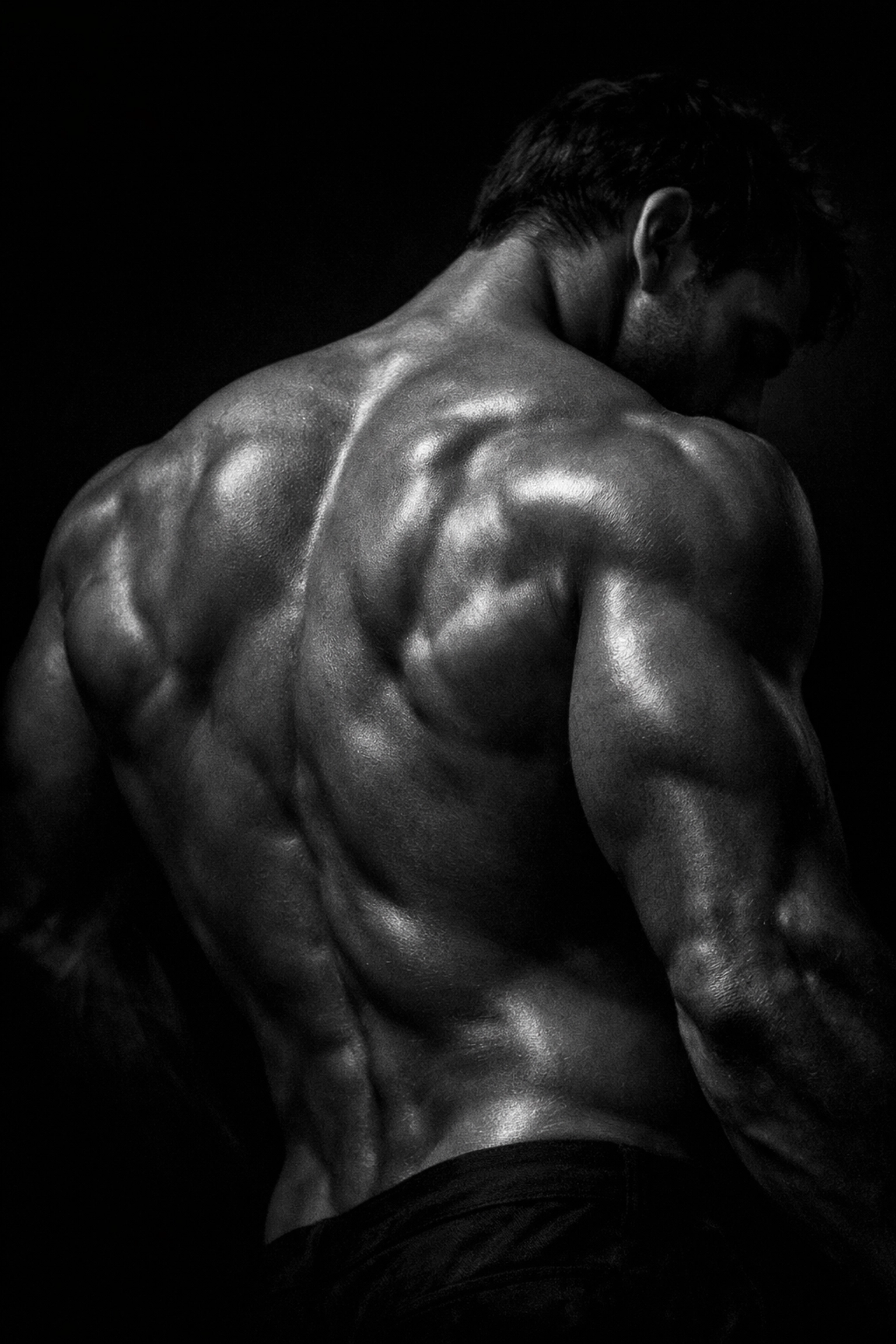 Artistic black and white photo highlighting the muscular form and aesthetic lines of a man's back.