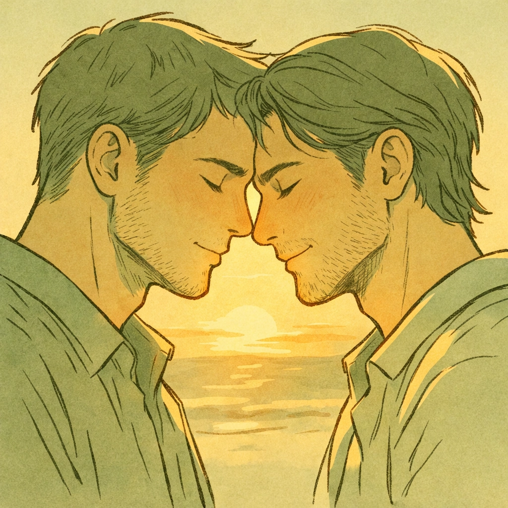 Intimate moment between gay couple at Cypress Cove Florida nudist resort