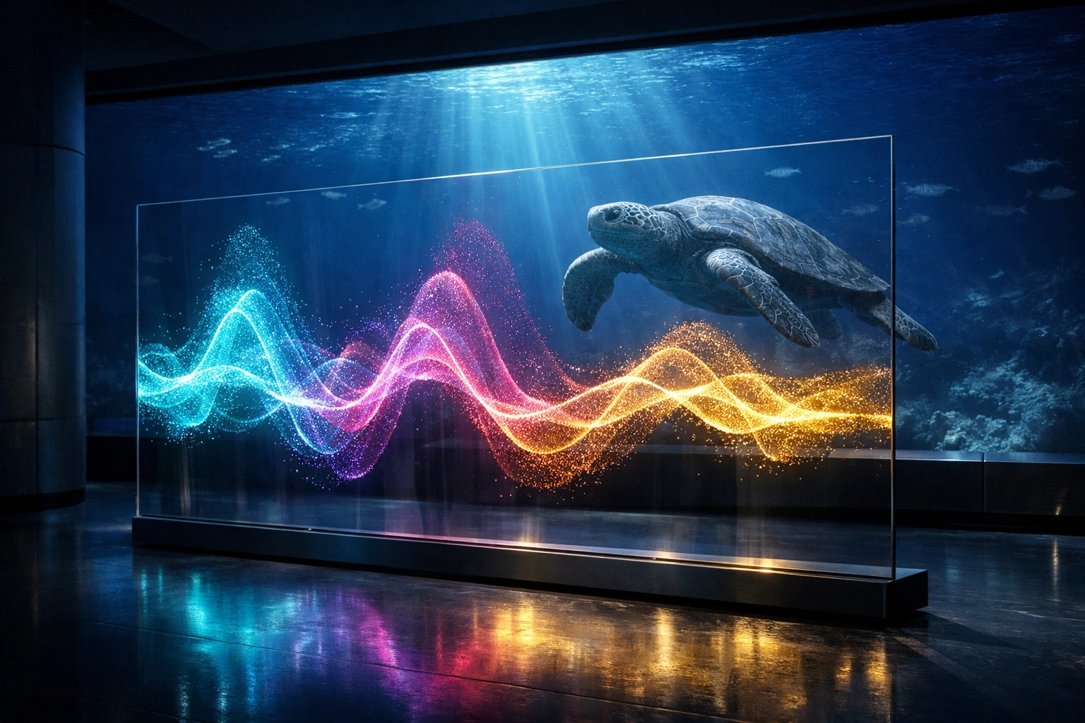 Sea turtle behind a transparent digital display visualizing animal vocalizations in a high-tech aquarium.