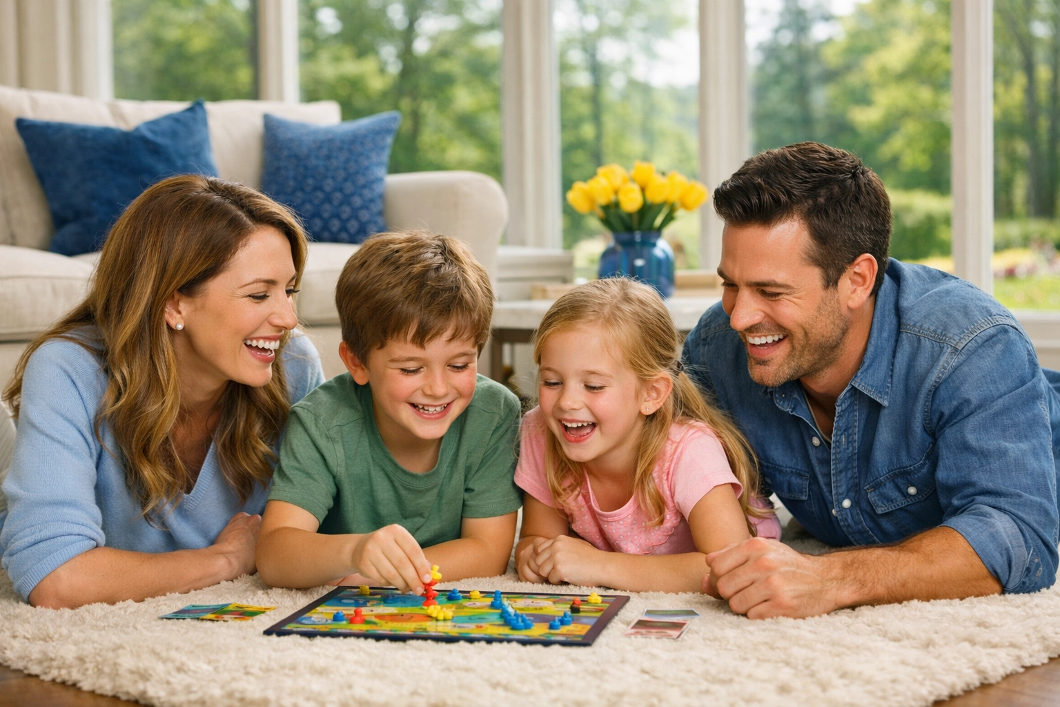 A family enjoys a spotless living room after a professional house cleaning Lexington MA visit.