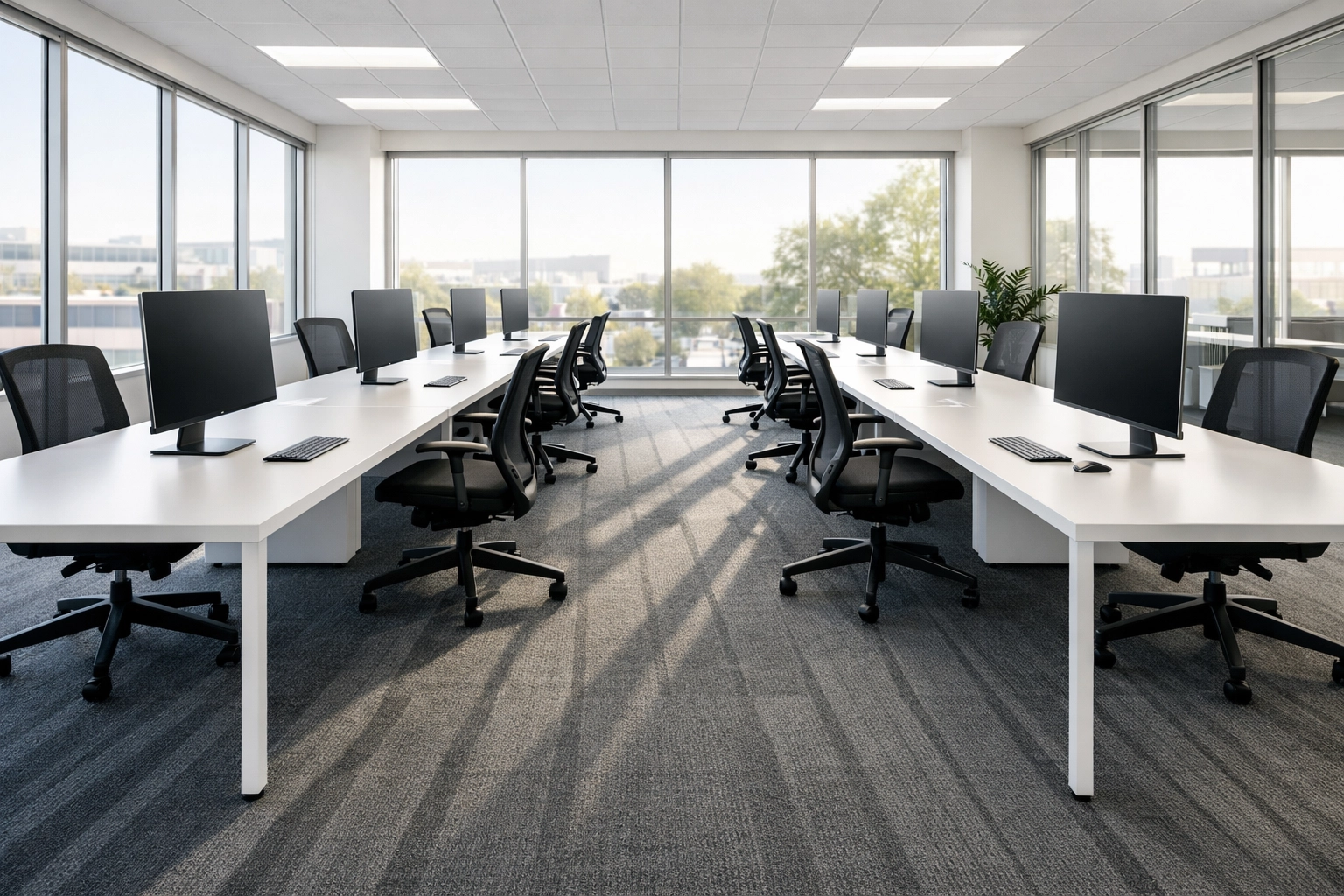 Clean open-plan office with vacuumed carpets and organized desks, representing operational reliability.