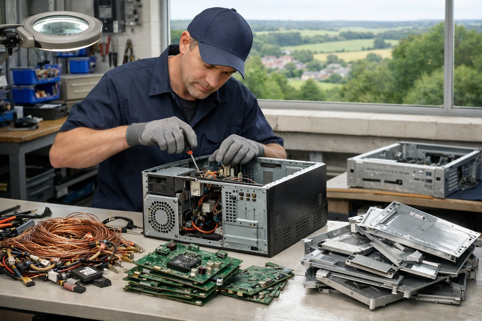 Professional technician recycling computer components to protect the Northamptonshire environment from e-waste.