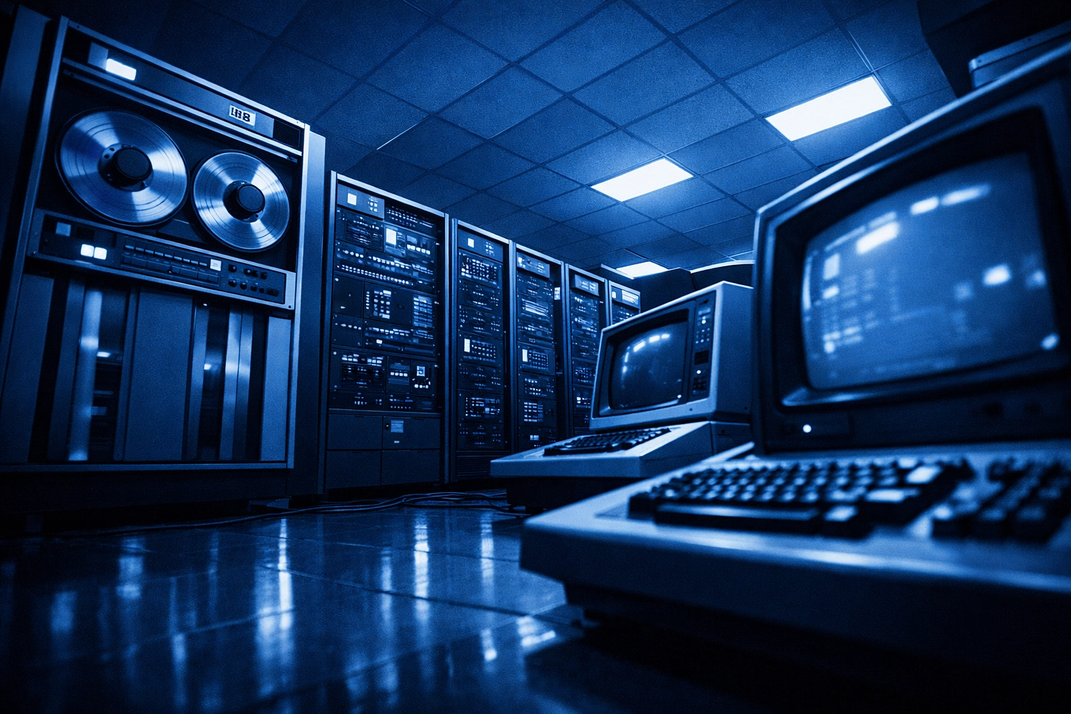 Monochromatic blue vintage 1980s server room with mainframes, reflecting early IT infrastructure days.