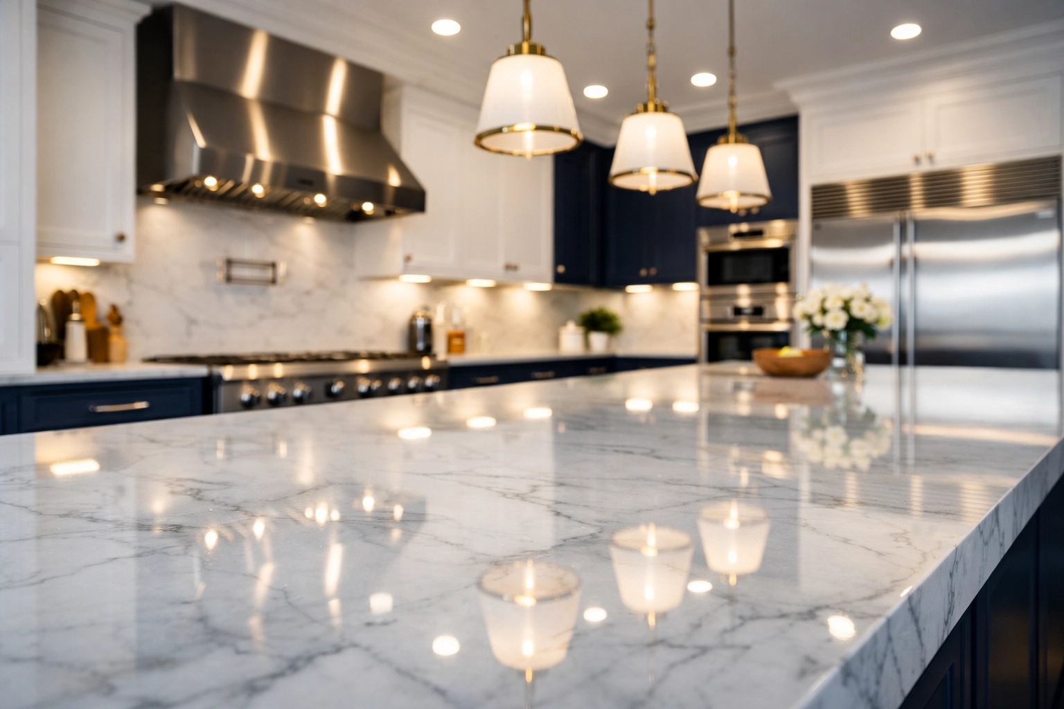 Pristine luxury kitchen with marble countertops showcasing residential cleaning Massachusetts standards in Dover.