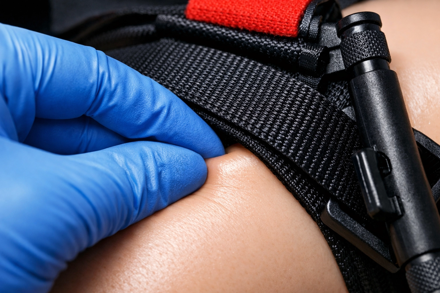 Testing the no-slack rule by attempting to slide two fingers under a properly tightened tourniquet strap during training.