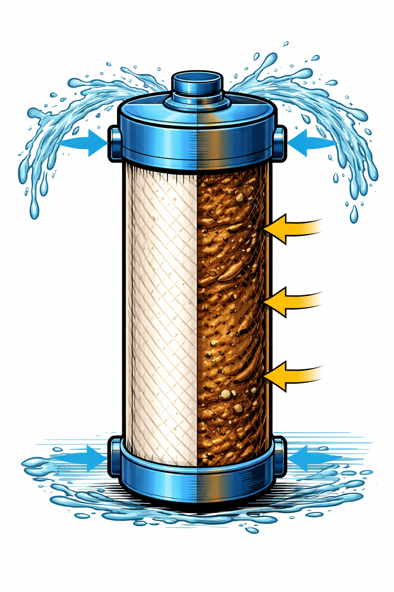 Cross-section illustration of an RV water filter cartridge showing clean and clogged sides with sediment buildup