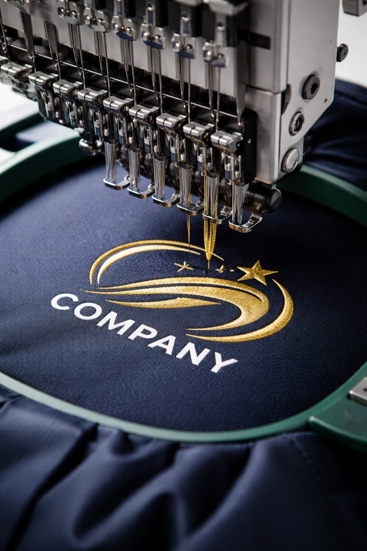Embroidery machine stitching a detailed custom logo onto a navy blue jacket, showcasing professional embroidery services.