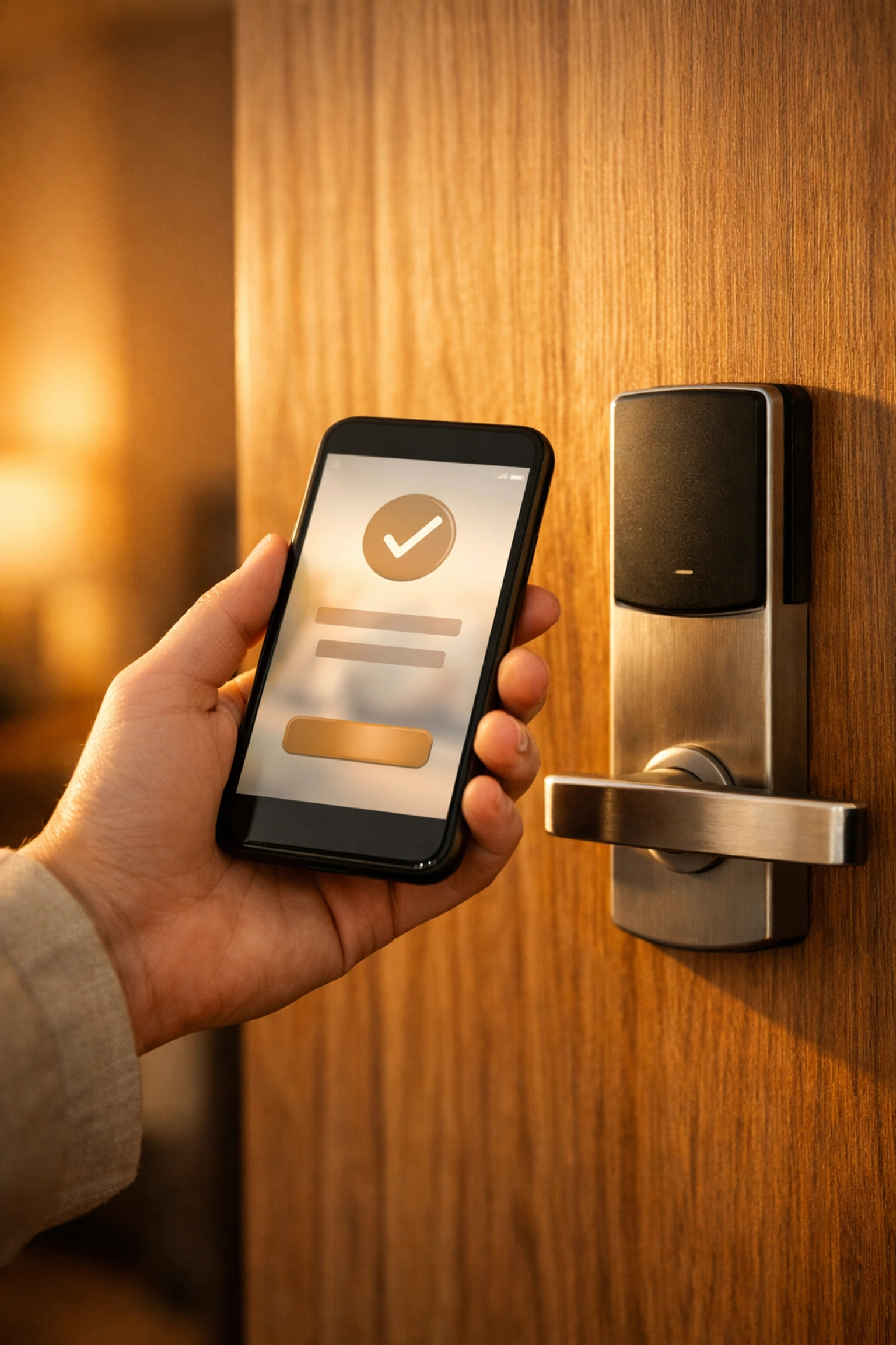 Guest using a smartphone for mobile room access via innovative hotel software.