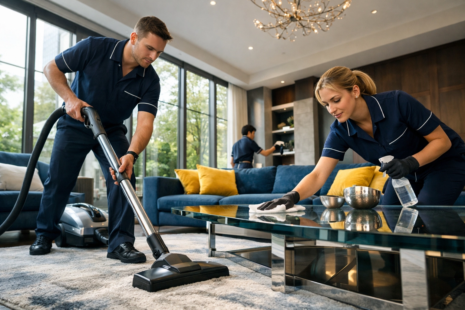 Professional ninja team providing expert residential cleaning Massachusetts in a high-end modern living room.