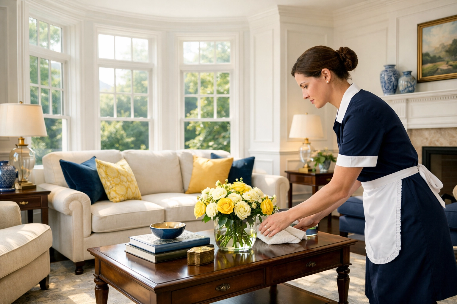 Professional cleaner performing weekly house cleaning in a sunny Newton Massachusetts living room.