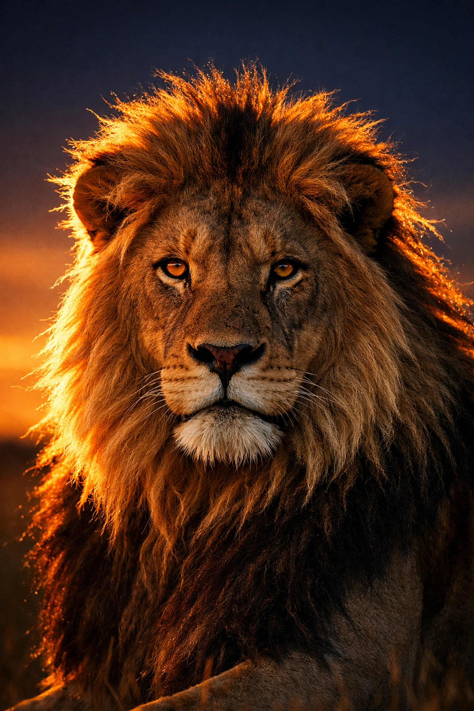 Professional lion portrait with golden hour rim lighting and sharp focus on the eyes for zoo media kits.