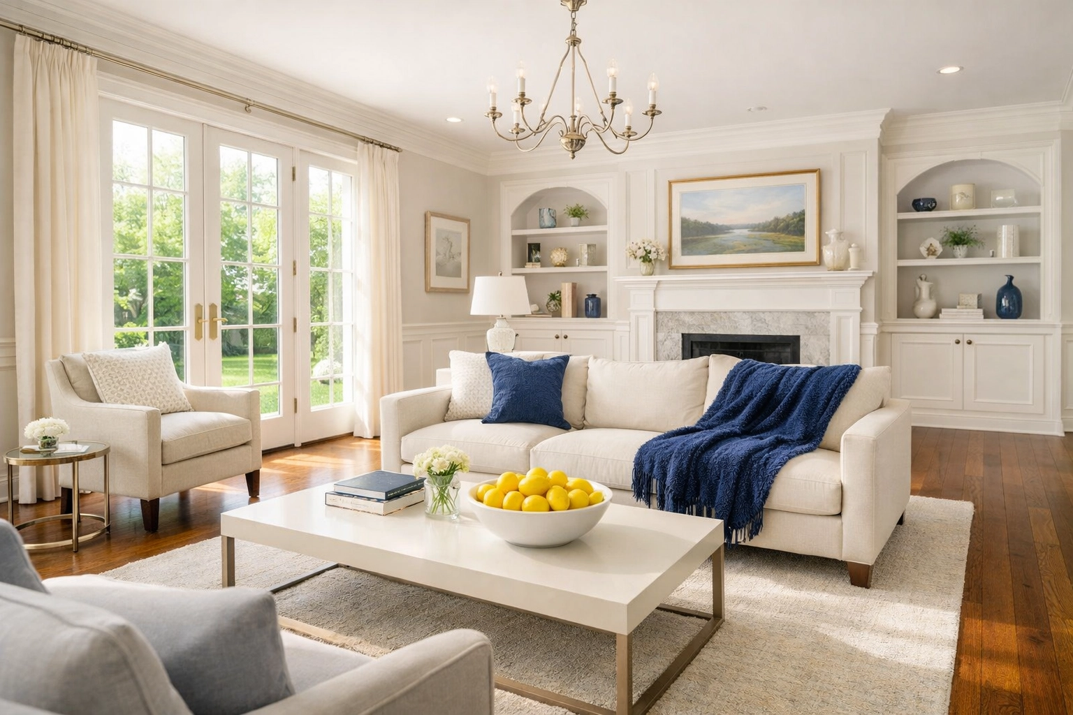 Pristine Wellesley living room with white crown molding after a Deep Cleaning Wellesley MA home reset.