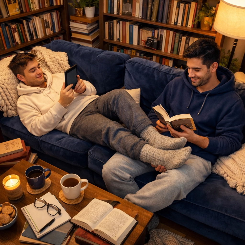 A gay couple relaxes on a sofa reading books, reflecting the cozy domesticity of MM romance books.