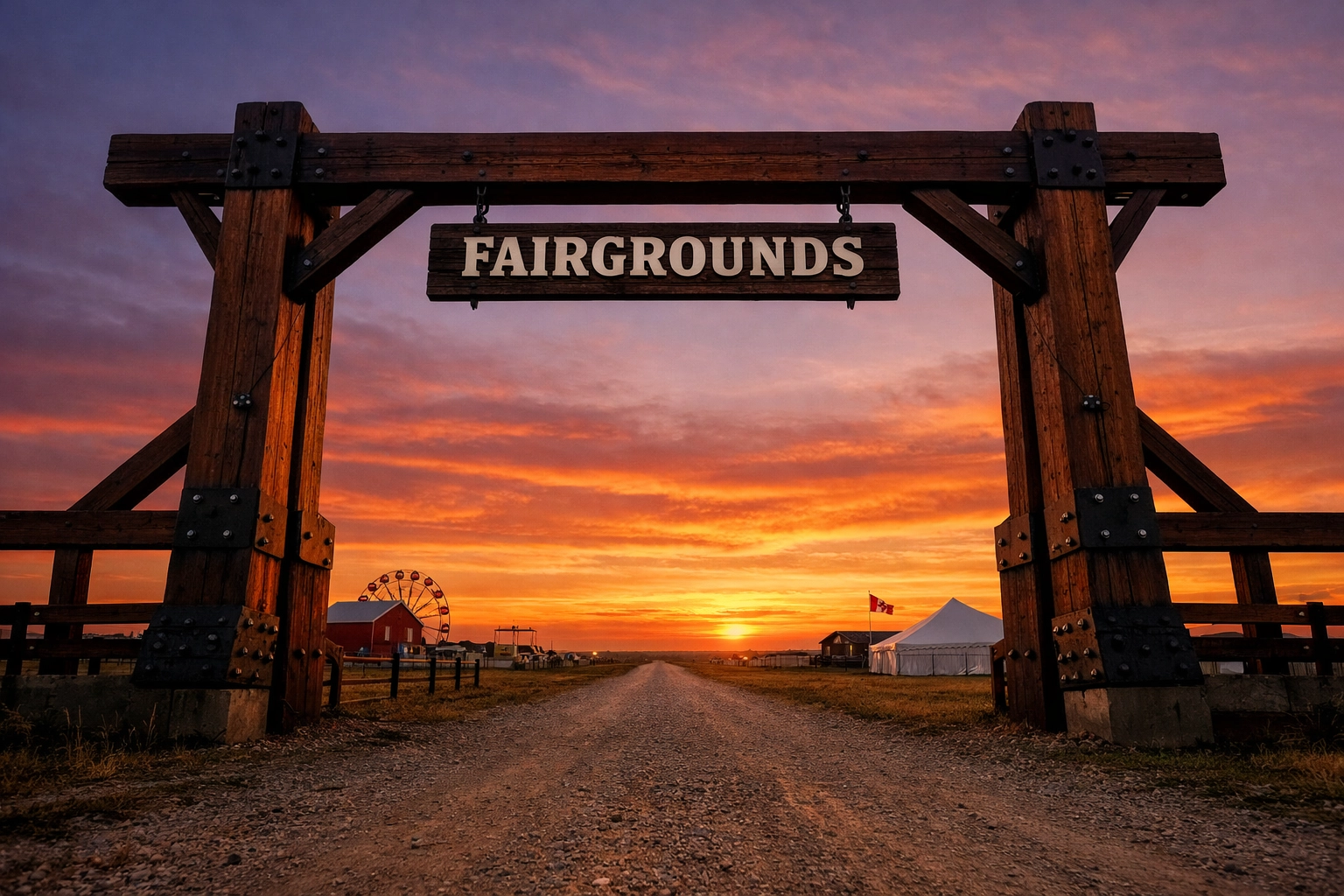 A sturdy timber gate at a rural fairground, representing the strong operational backbone of an agricultural fair.