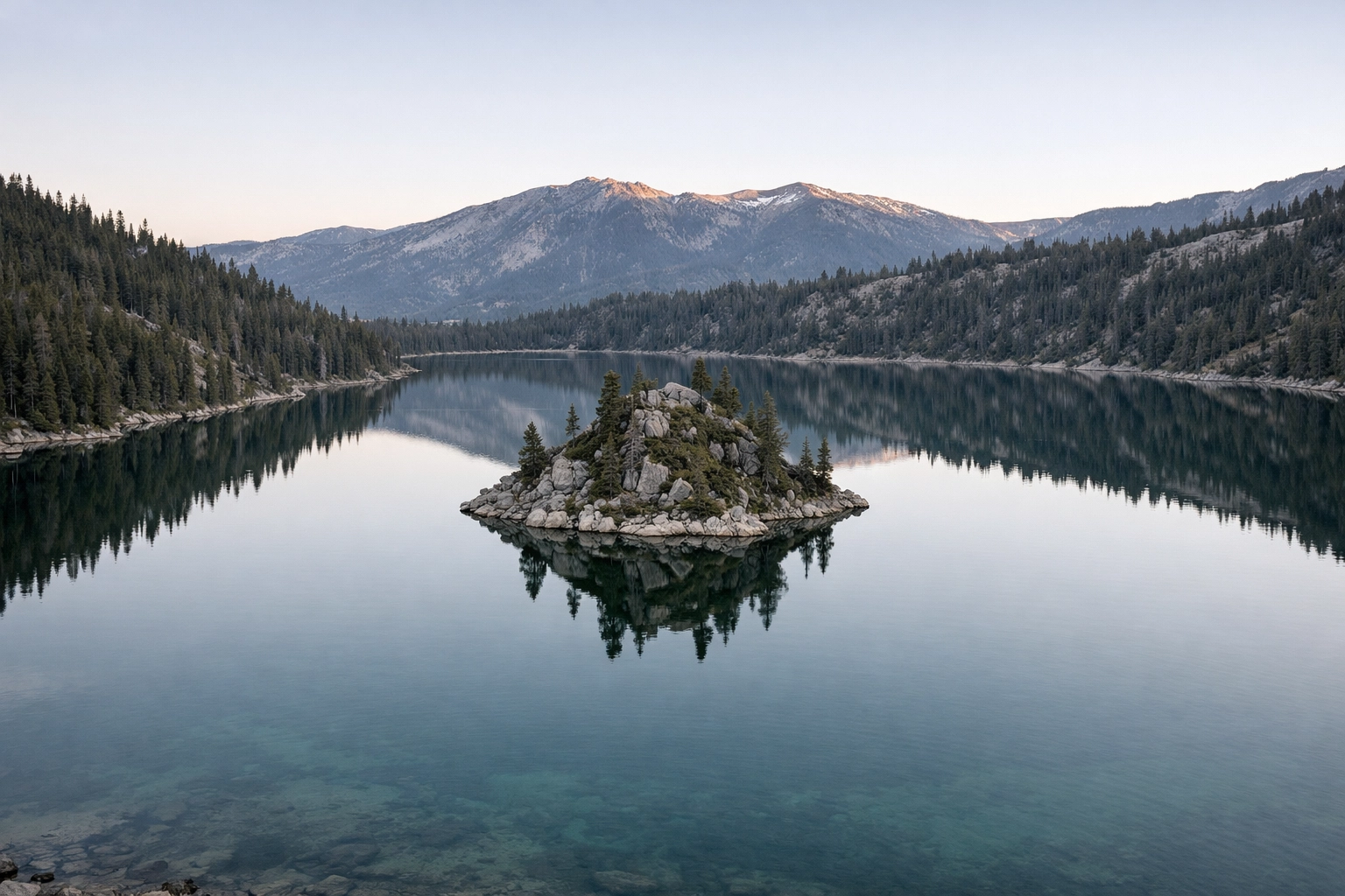 Wide-angle sunrise view of Fannette Island and Emerald Bay, a premier Lake Tahoe photography location.