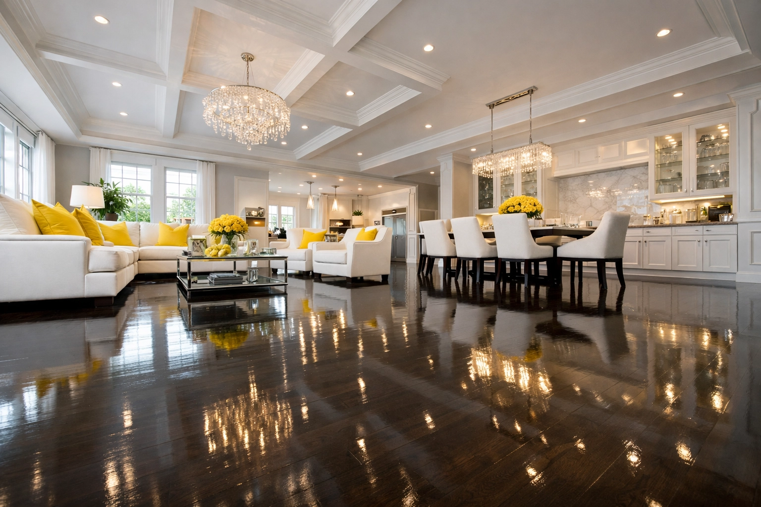 Impeccably clean hardwood floors in a luxury home after thorough post construction cleaning in Bedford.