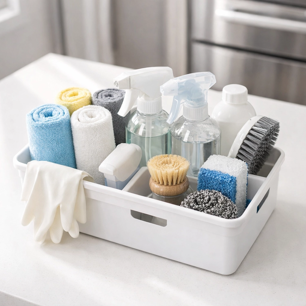 Organized cleaning caddy with supplies for efficient apartment turnover