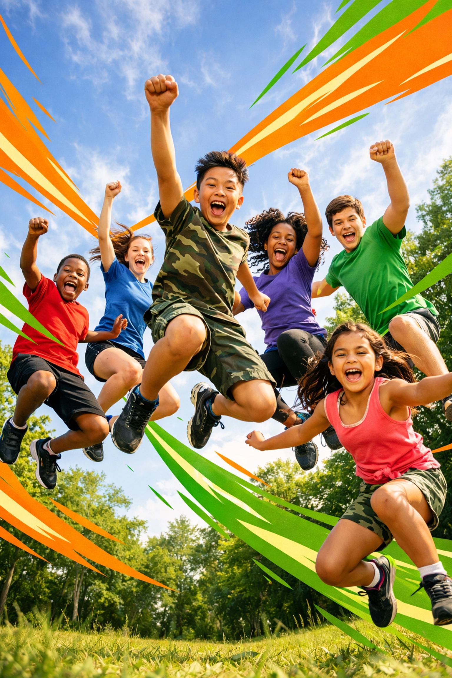 Joyful children and teens celebrating transformation through a life skills bootcamp in a park.