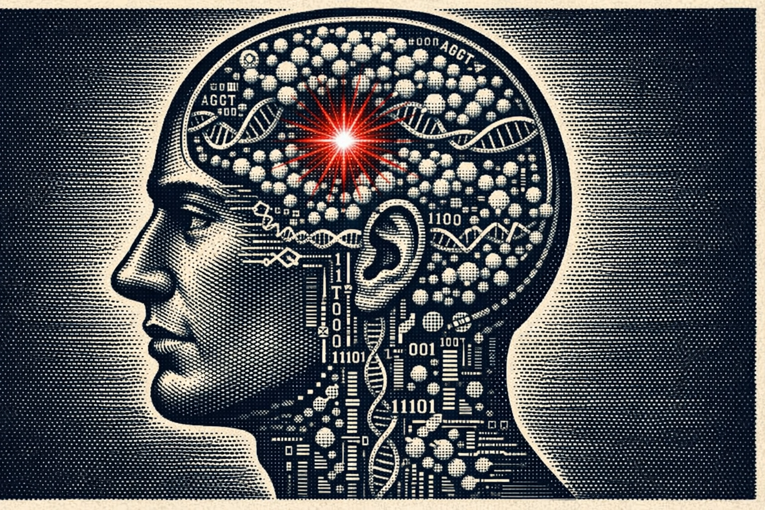 Medical illustration of a human head with DNA code, highlighting innovation in gene therapy.