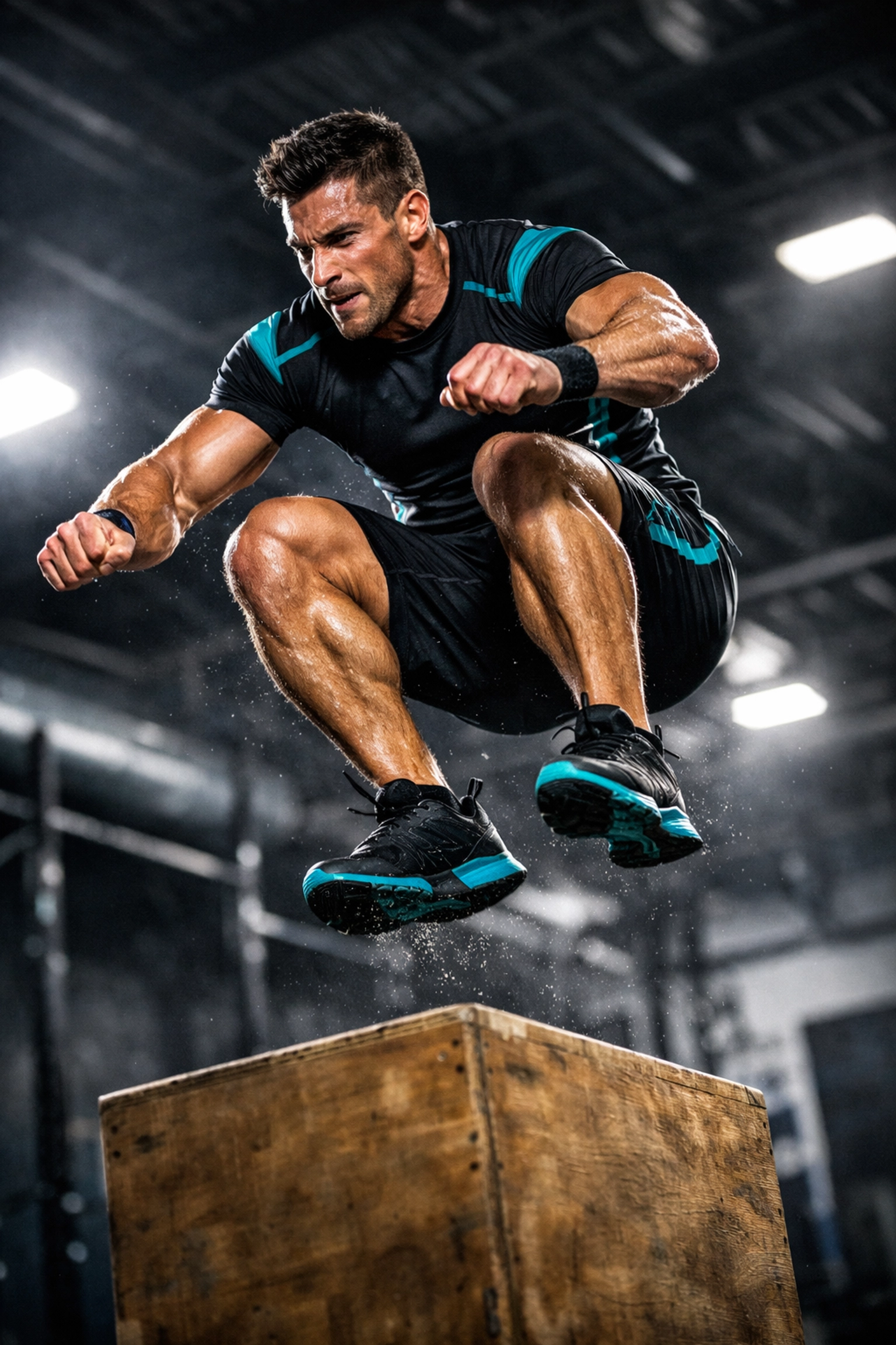 Athlete performing explosive box jump demonstrating vertical power training technique