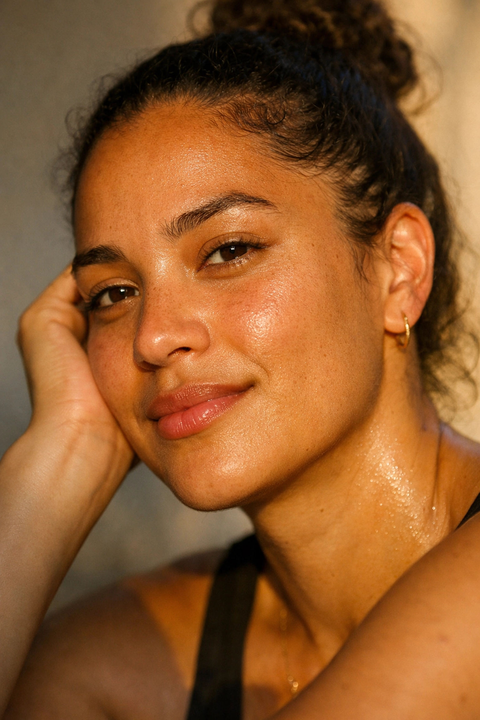 Close-up of a person with clear, radiant skin and a healthy natural glow from non-toxic care.