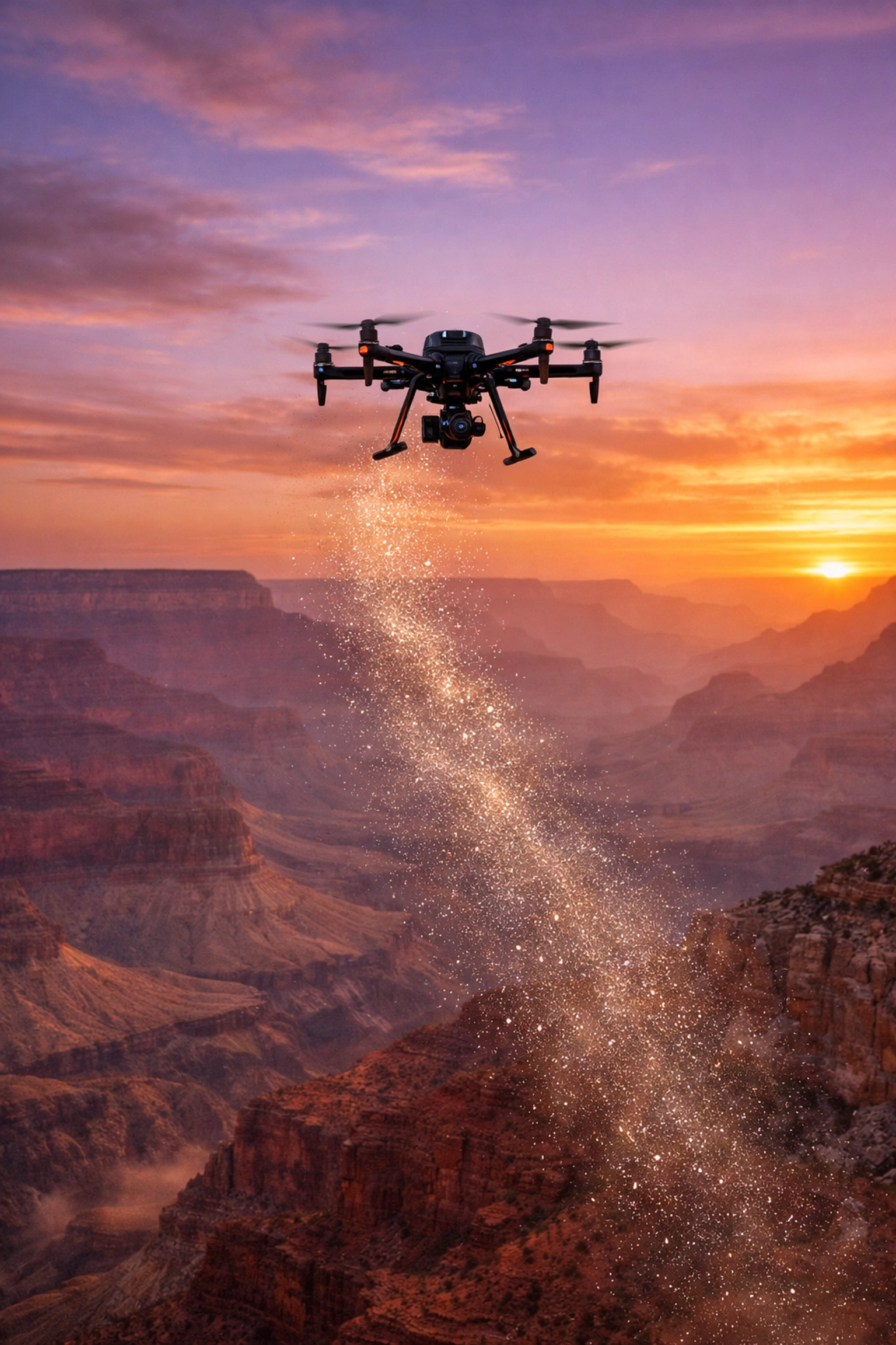 Dignified drone ashes scattering ceremony at the Grand Canyon at sunset, showing a peaceful aerial farewell.
