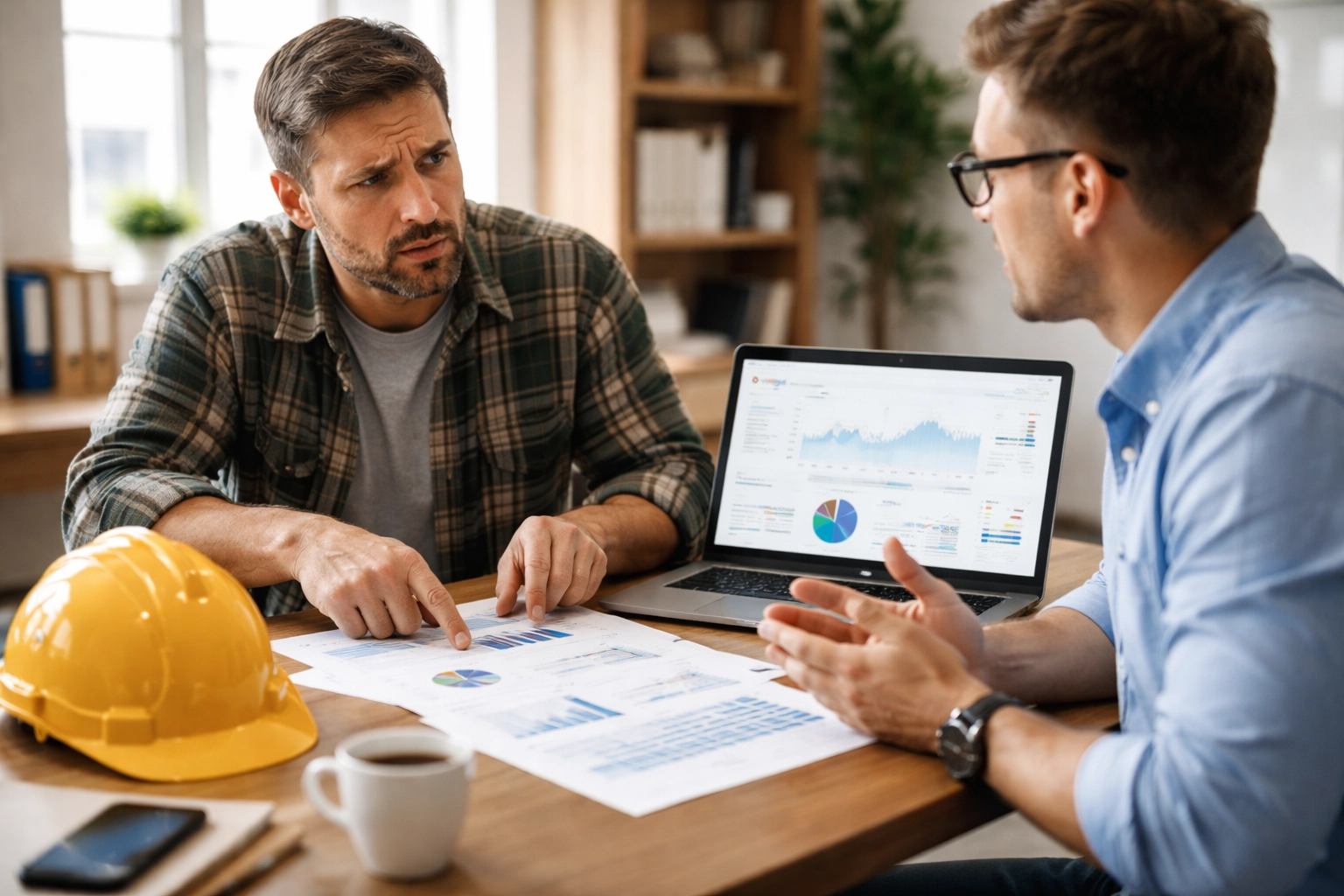 Contractor and SEO agency reviewing confusing marketing reports