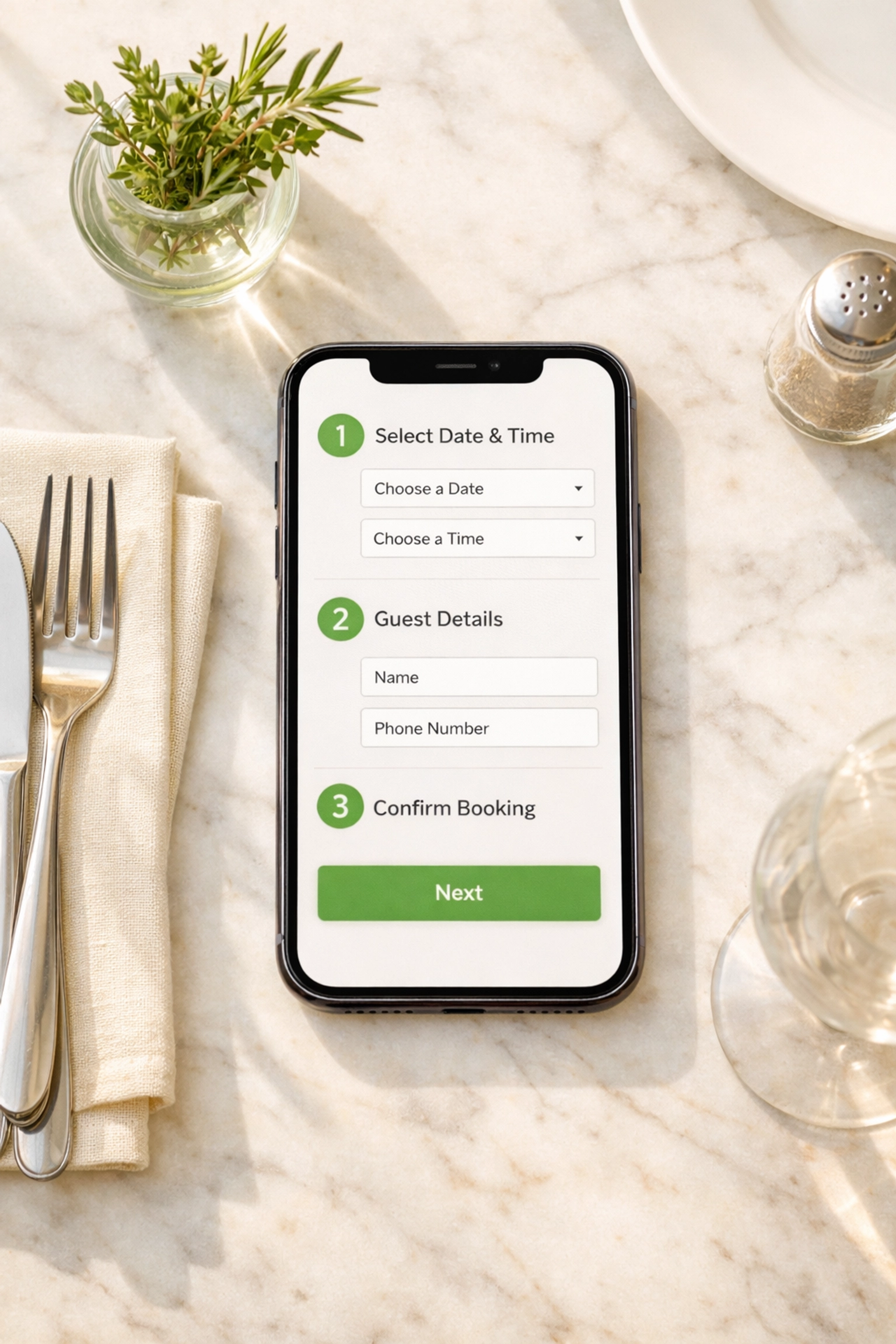 Streamlined three-step restaurant booking form on mobile