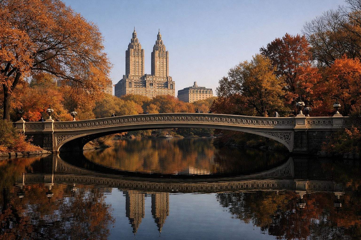 Bow Bridge in Central Park during autumn with skyline views, one of the best NYC photo spots.