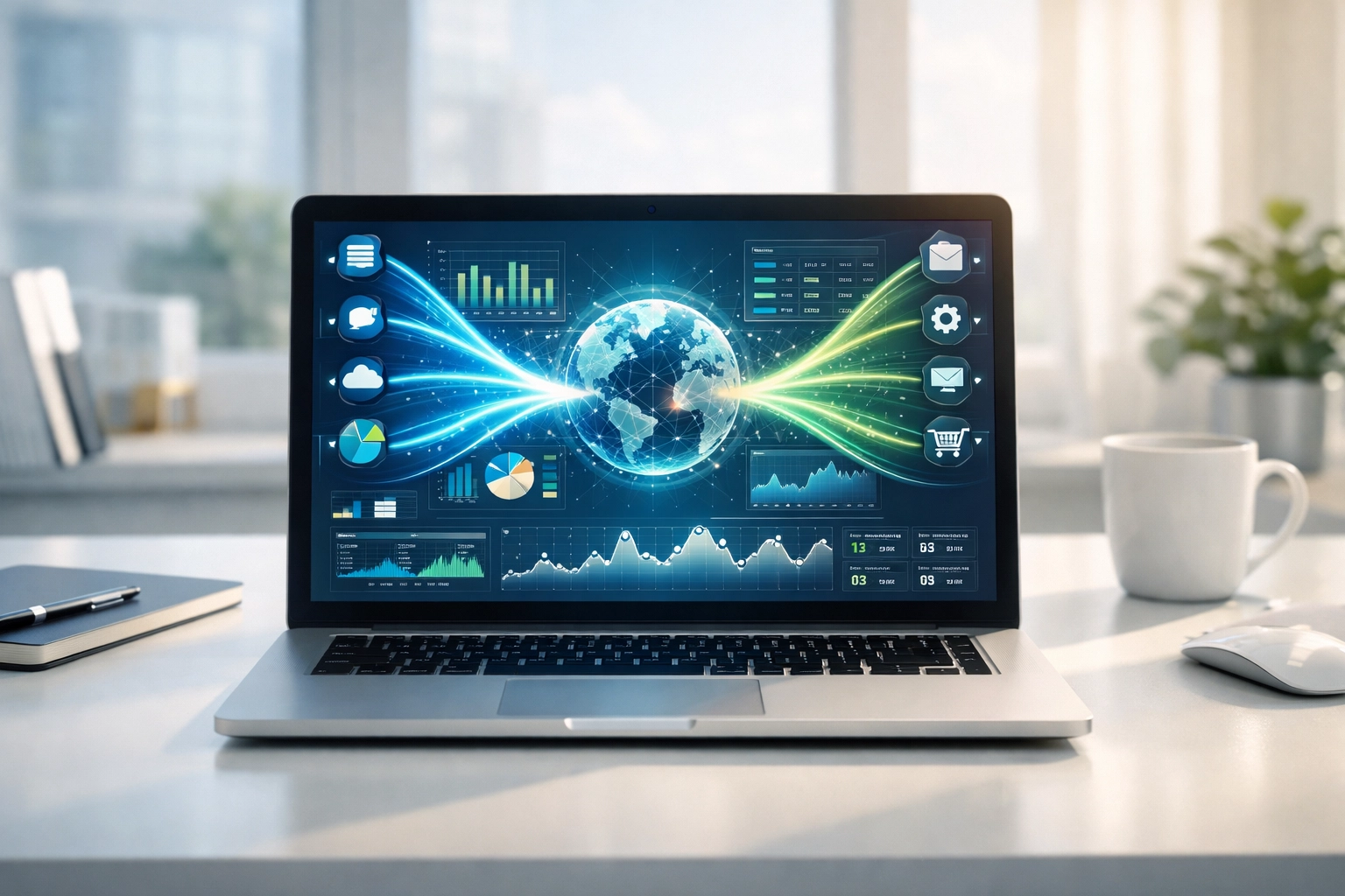 Zoho Analytics dashboard showing integrated data sources and visualizations on laptop screen