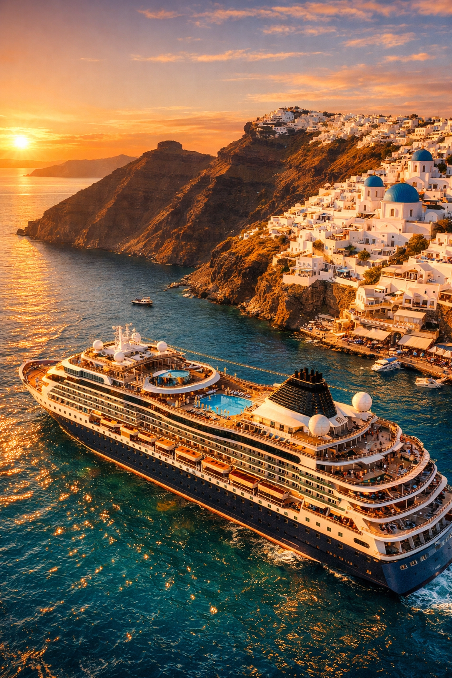 Luxury cruise ship docked in Santorini Greece with white buildings and blue-domed churches