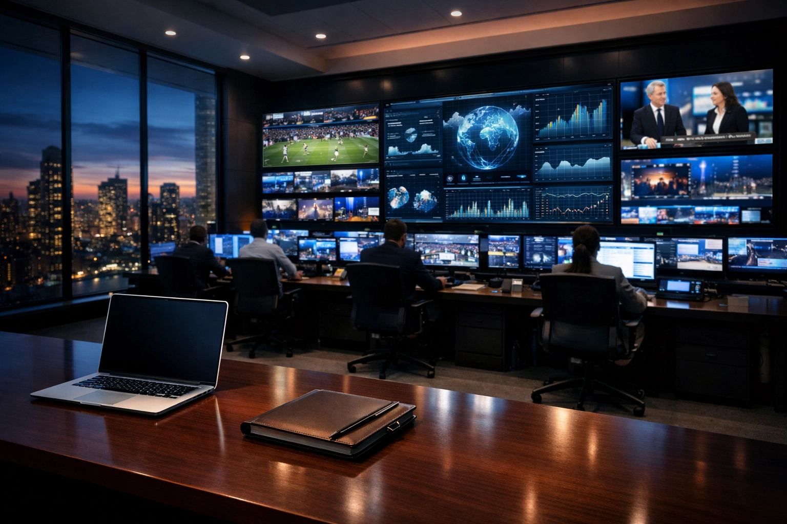 Dakdan Worldwide high-tech media operations center monitoring sports industry trends and analytics.