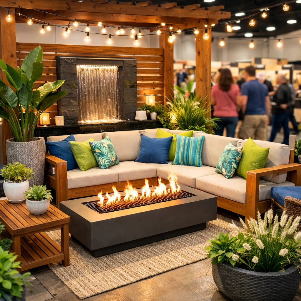 Modern outdoor living space display at Cincinnati Home + Garden Show with patio furniture