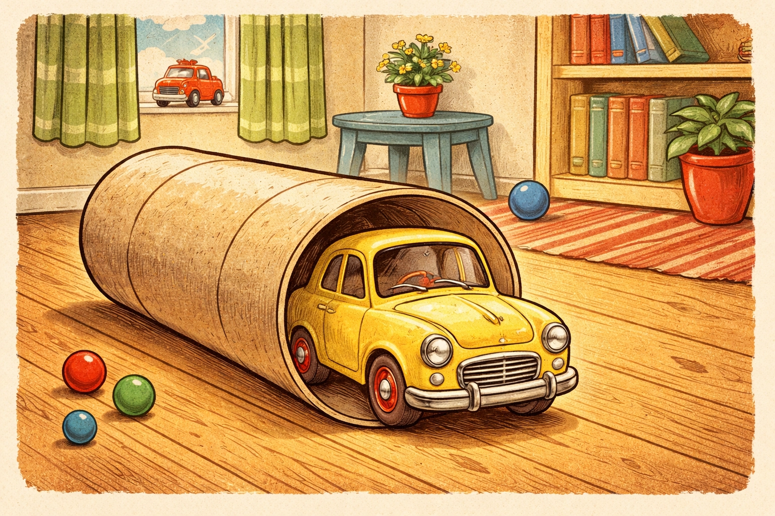 Yellow toy car emerging from a paper towel tube tunnel on a wooden floor, demonstrating easy DIY obstacle ideas for kids.