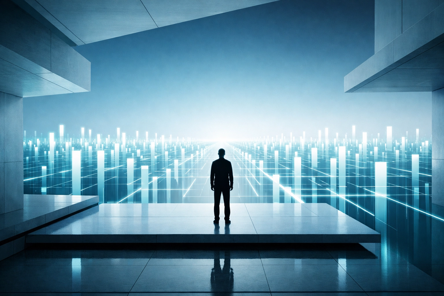 Visionary digital landscape illustrating business growth through custom software and algorithmic scaling.