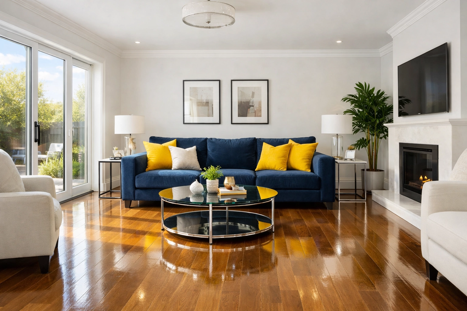 Immaculate Bolton MA living room with polished hardwood floors after a weekly house cleaning service.