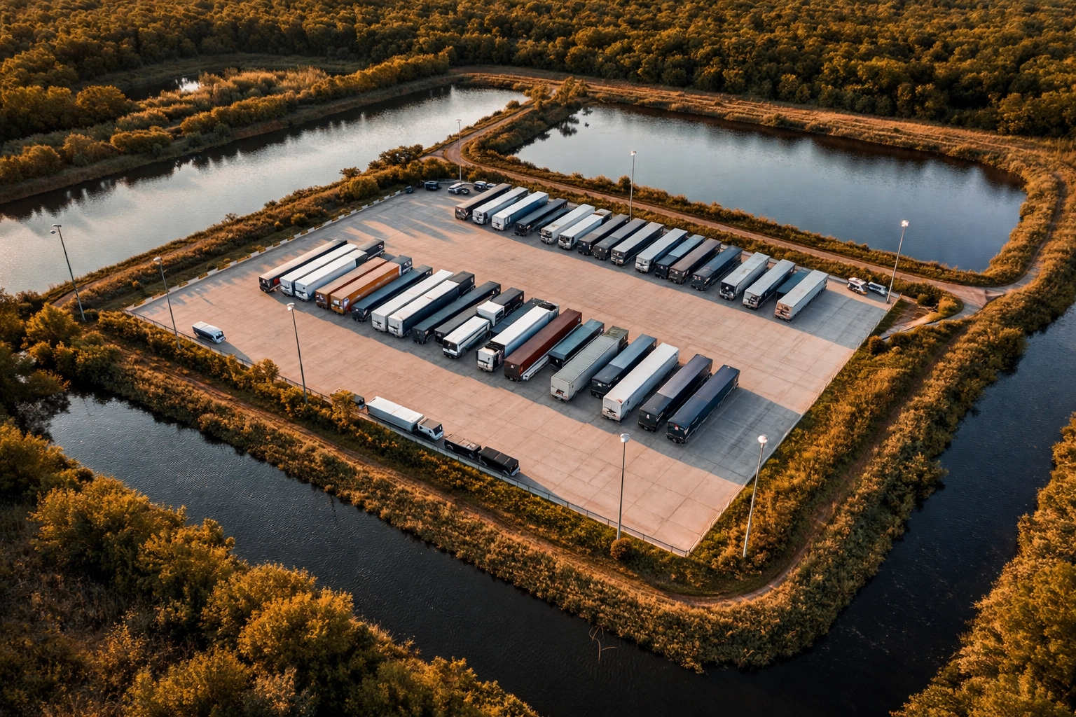 Aerial view of a Houston truck parking facility surrounded by detention ponds and water barriers for enhanced security.