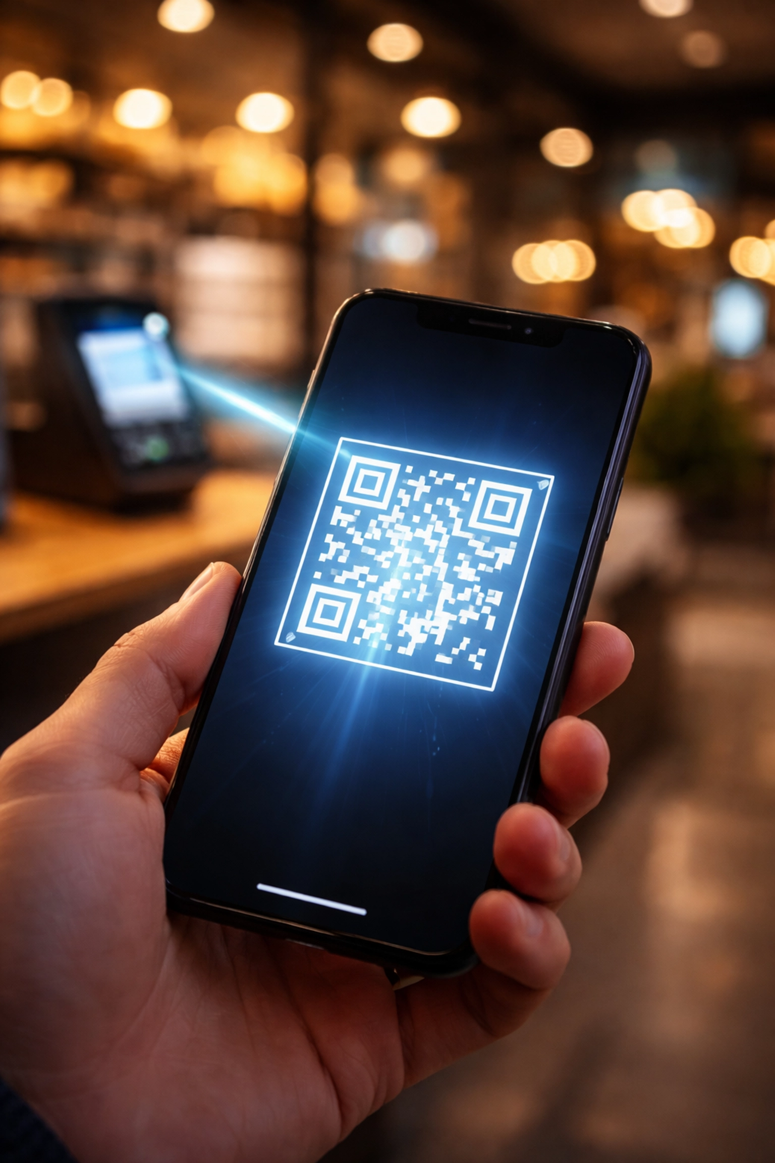 Hand holding smartphone with QR code for instant crypto payments in a modern retail store.