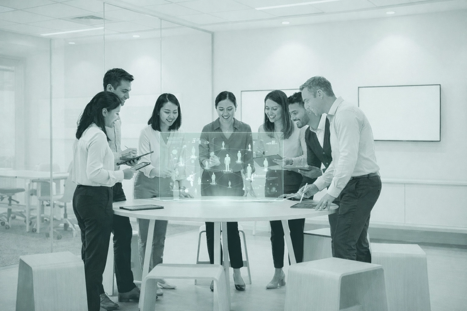Business professionals collaborating around digital display, illustrating human-centered digital transformation success.