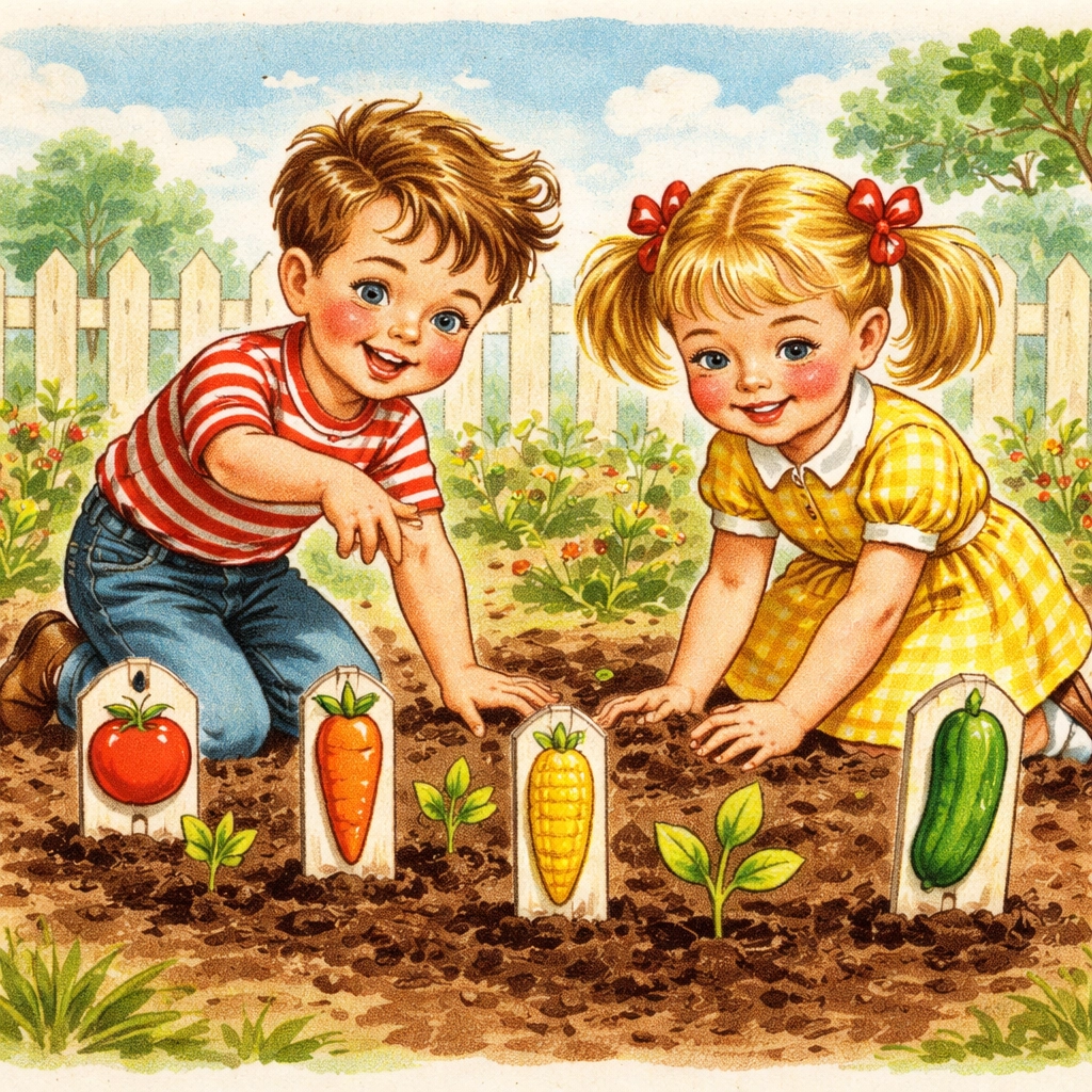 Children placing bright hand-painted garden markers in soil next to seedlings, family gardening activity